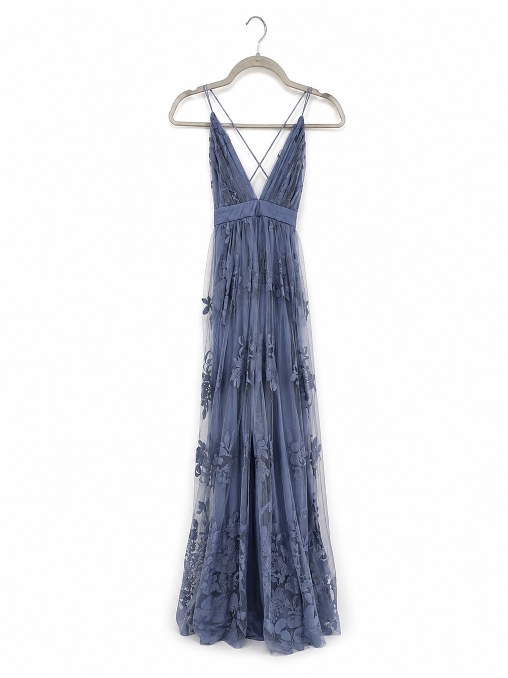 Windsor Dusty Blue Floral Lace Plunge Maxi Dress